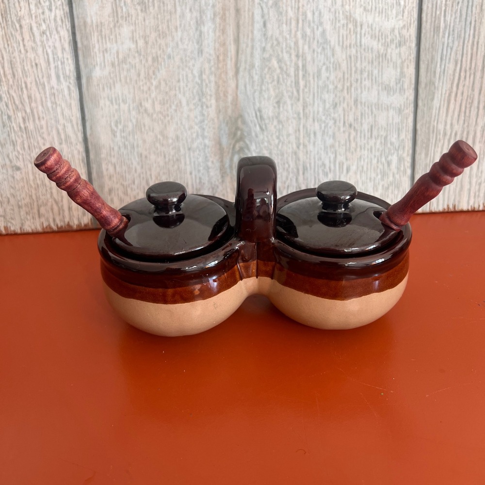 Vintage Stoneware Double Condiment Server Brown Tan Glaze with Lids and Spoons